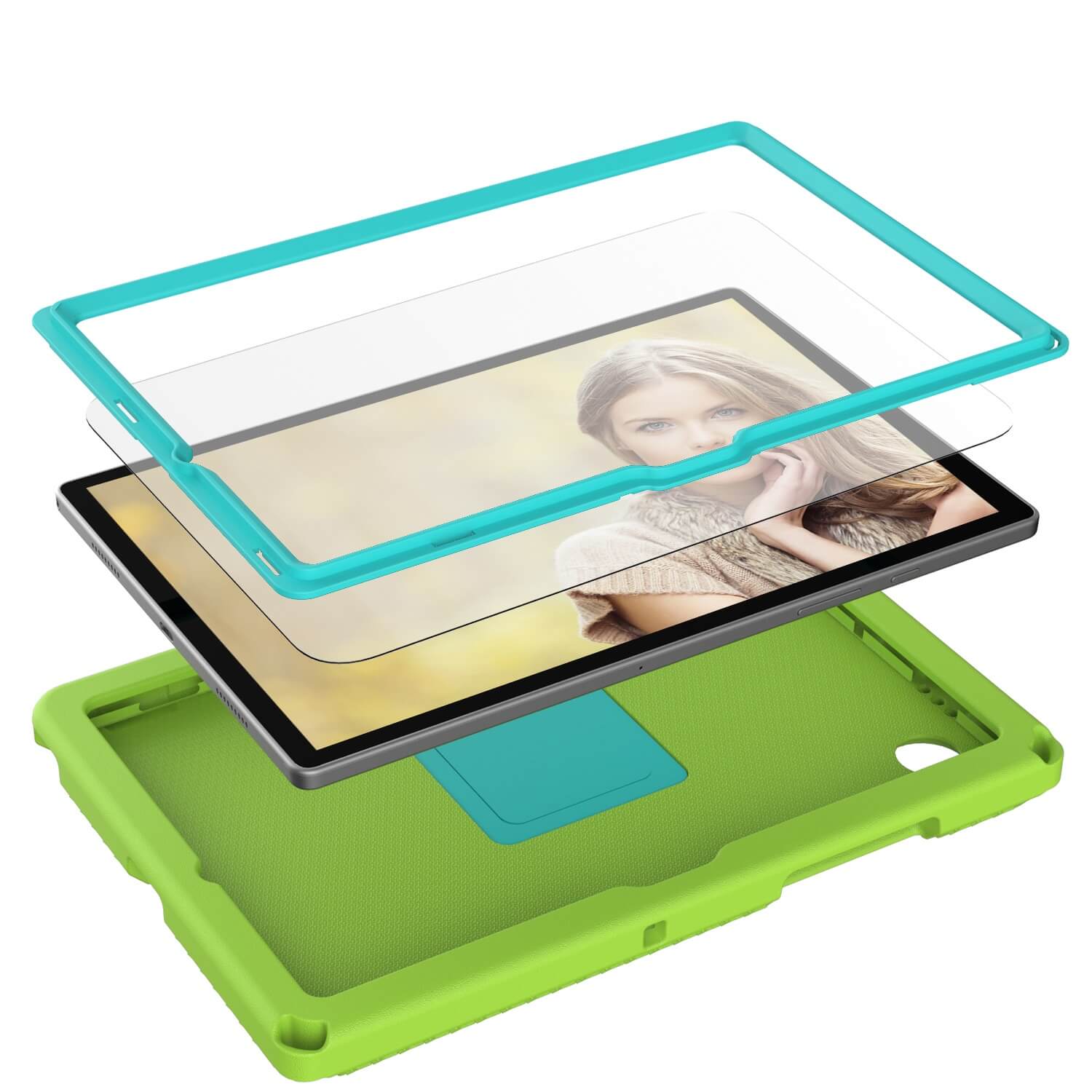 Husa protectie tableta fata/spate pentru copii, compatibila cu Samsung Galaxy TAB A7 Lite 8.7" T220/T225, TAB A 8" T290/295 2019, cu suport-inel, spuma, Ideas4Comfort, verde