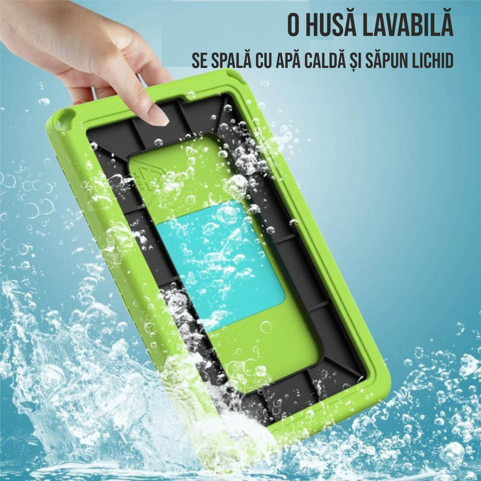 Husa protectie tableta fata/spate pentru copii, compatibila cu Samsung Galaxy TAB A7 Lite 8.7" T220/T225, TAB A 8" T290/295 2019, cu suport-inel, spuma, Ideas4Comfort, verde