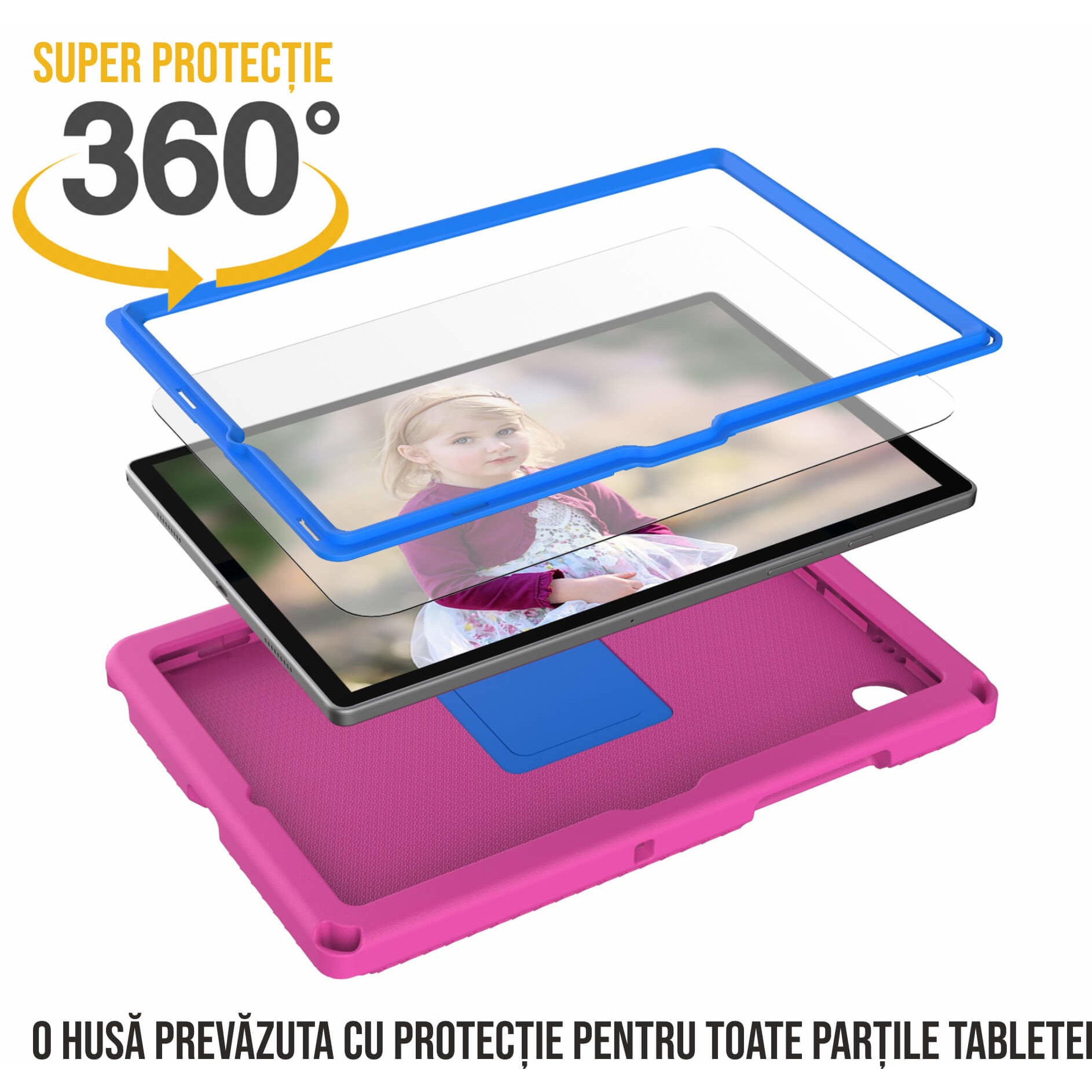 Husa De Protectie Pentru Tableta Pentru Copii, Ideas4Comfort®, Husa Fata Spate, Cu Suport-Inel, Compatibila Samsung Galaxy TAB A7 Lite 8.7 Inch T220/T225, Si TAB A 8 Inch T290/T295 2019, Spuma Burete Antisoc, Suport Stativ Reglabil, Carcasa Antisoc, Roz