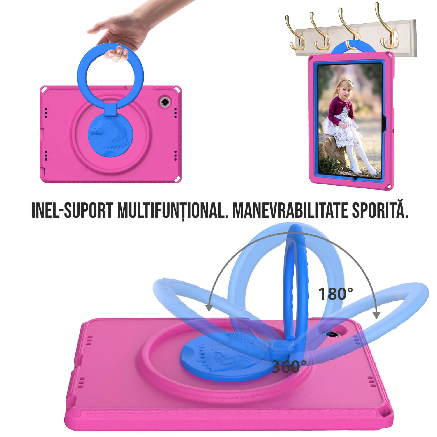 Husa De Protectie Pentru Tableta Pentru Copii, Ideas4Comfort®, Husa Fata Spate, Cu Suport-Inel, Compatibila Samsung Galaxy TAB A7 Lite 8.7 Inch T220/T225, Si TAB A 8 Inch T290/T295 2019, Spuma Burete Antisoc, Suport Stativ Reglabil, Carcasa Antisoc, Roz