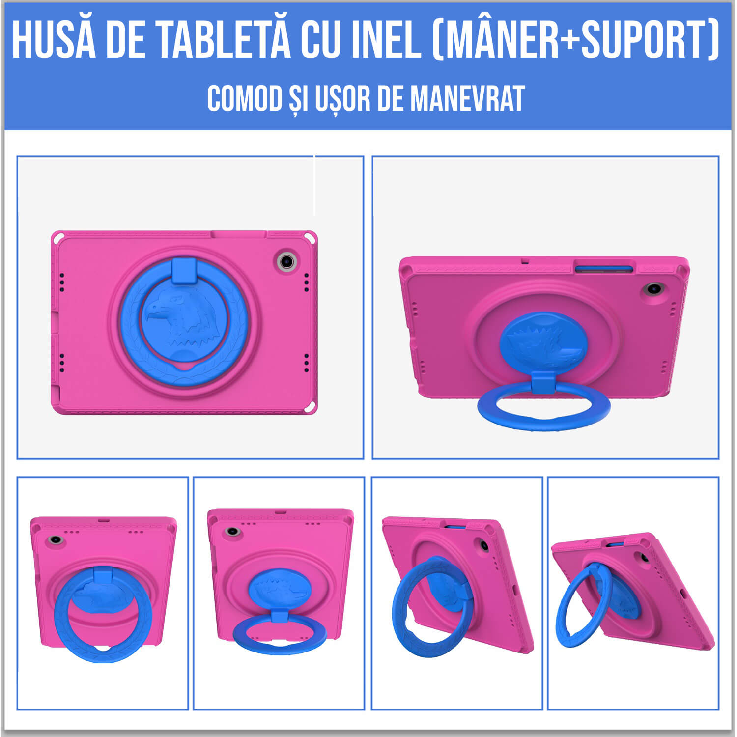 Husa De Protectie Pentru Tableta Pentru Copii, Ideas4Comfort®, Husa Fata Spate, Cu Suport-Inel, Compatibila Samsung Galaxy TAB A7 Lite 8.7 Inch T220/T225, Si TAB A 8 Inch T290/T295 2019, Spuma Burete Antisoc, Suport Stativ Reglabil, Carcasa Antisoc, Roz
