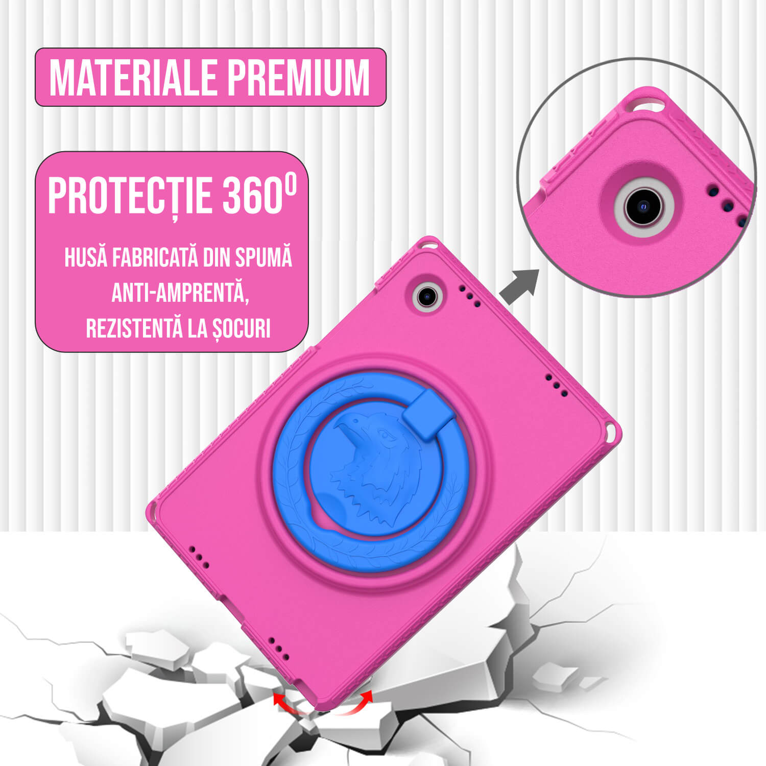 Husa De Protectie Pentru Tableta Pentru Copii, Ideas4Comfort®, Husa Fata Spate, Cu Suport-Inel, Compatibila Samsung Galaxy TAB A7 Lite 8.7 Inch T220/T225, Si TAB A 8 Inch T290/T295 2019, Spuma Burete Antisoc, Suport Stativ Reglabil, Carcasa Antisoc, Roz