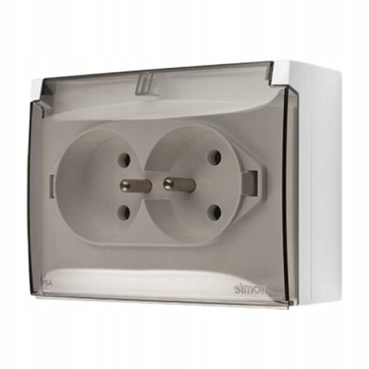 Херметичен двоен контакт, Kontakt-Simon, Пластмаса, Повърхностен монтаж, IP44, 16A, 250V, 80 x 120 mm, Бял/Черен прозрачен