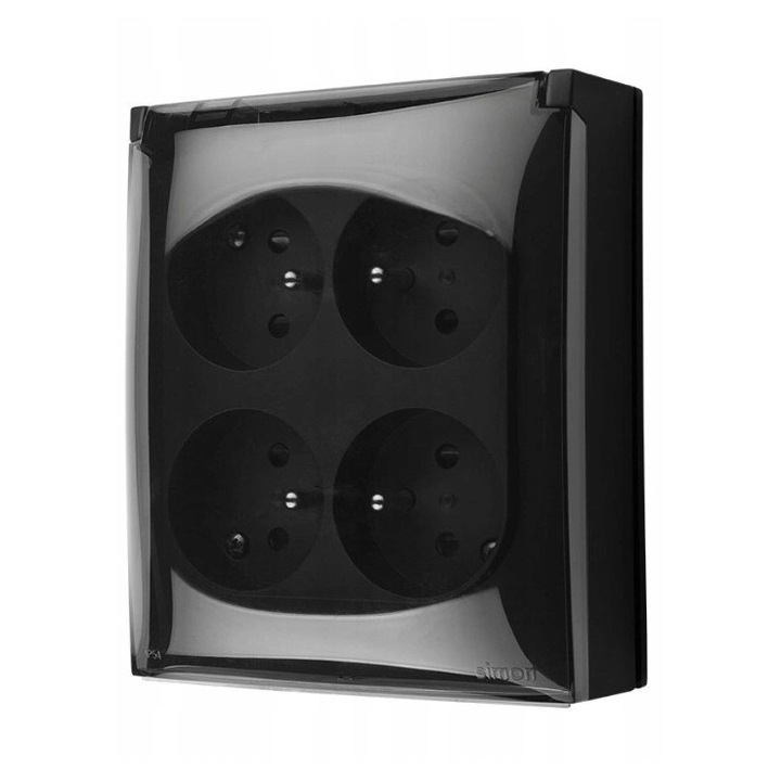 Четворен контакт, Контакт-Симон, Повърхностен монтаж, 16A/250V/IP44, Черен мат