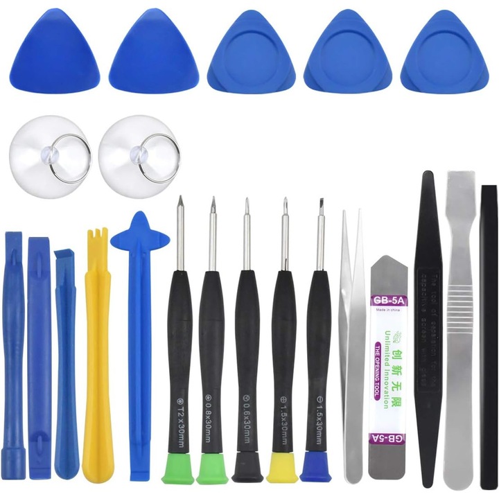 Set de scule QttvbTna pentru reparatii smartphone, 20 piese, aliaj crom vanadiu, albastru