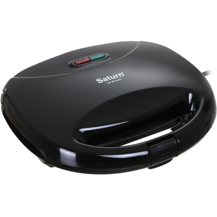 Sandwich-maker Saturn ST-EC0158, 750W, Control automat al temperaturii, 21.6cmx12 cm, Placi antiaderente, Sistem de blocare, Maner cu atingere rece, Protectie la supraincalzire, Negru