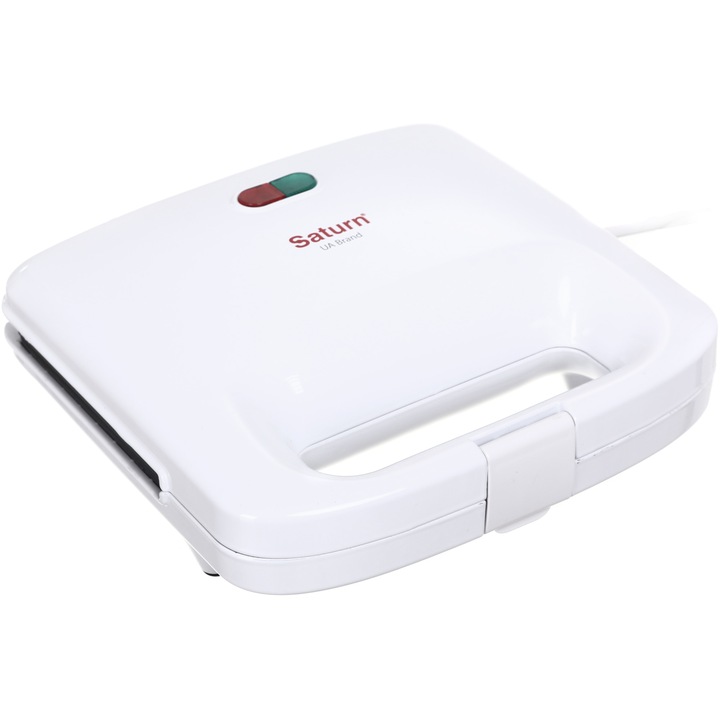Sandwich-maker Saturn ST-EC1155, 750W, Placi antiaderente, 21.6cm x12cm, Control automat al temperaturii, Protectie la supraincalzire, Indicatoare luminoase de alimentare, Sistem de blocare, Alb