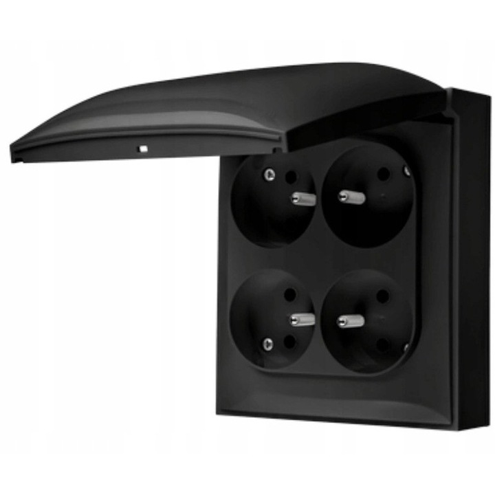 Priza cvadrupla, Kontakt-Simon, 16A/250V/IP44, Negru mat