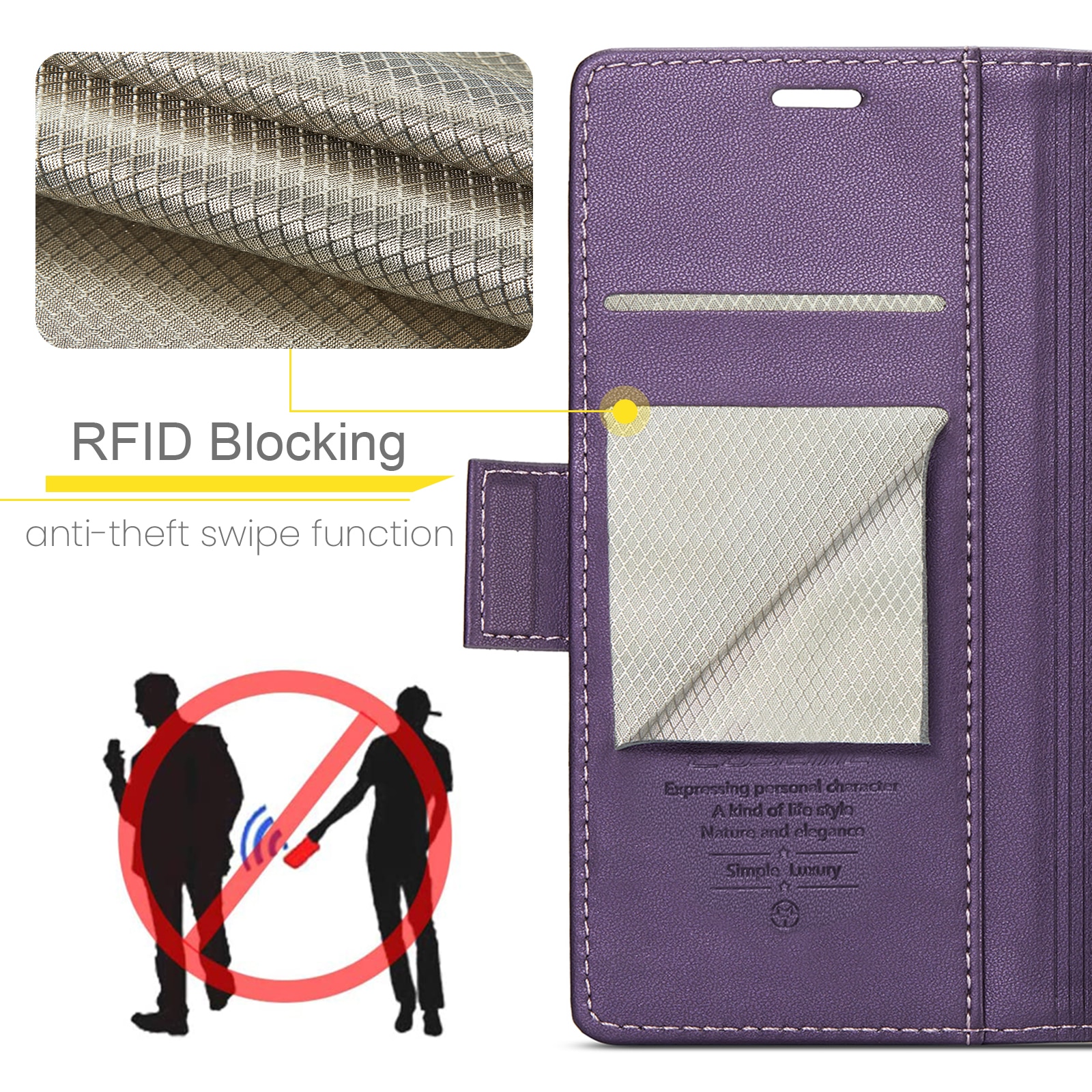 Husa pentru Samsung Galaxy S23 FE, CaseMe, slim, piele, tip portofel, stand, inchidere sigura magnetica, textura moale si aderenta in mana, protectie RFID, Mov