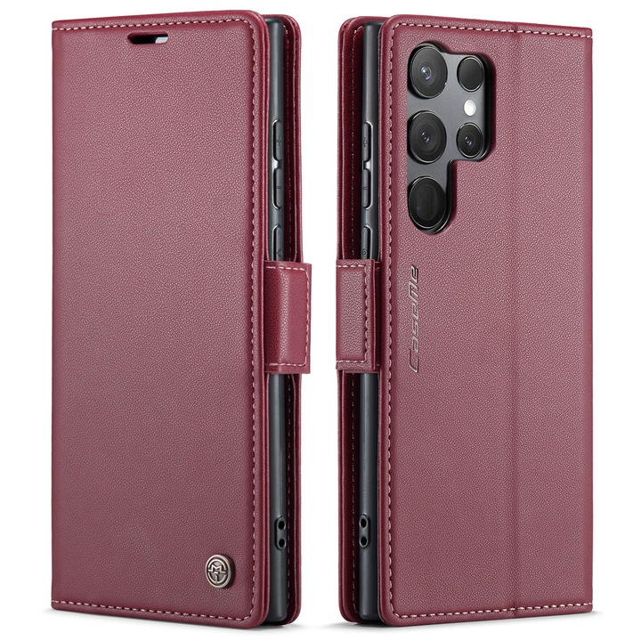 Калъф за Samsung Galaxy S23 Ultra, CaseMe, slim кожен, тип портфейл, стойка, магнитно предпазно закопчване, мека текстура и захващане в ръката, RFID защита, червен