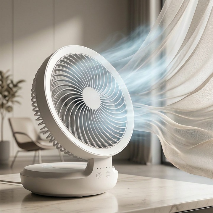 Ventilator Portabil HITTERGEM® cu 4 Trepte de Viteza si Rotire 120°, Ventilator USB cu Acumulator 4000 mAh si Autonomie Mare, Ventilator Portabil Silentios cu Lumina de Veghe, Ventilator Birou sau Ventilator Camera cu Ventuze pentru Fixare