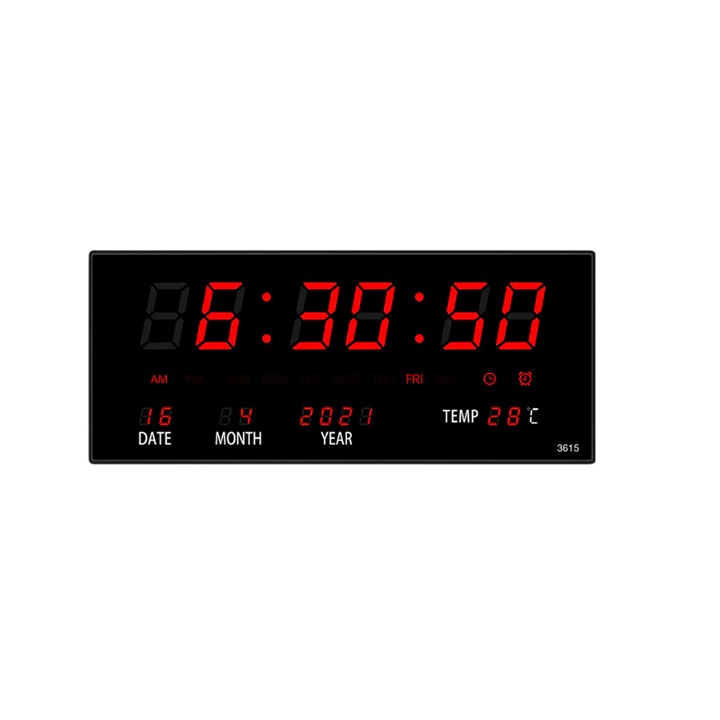 Цифров стенен часовник LED светлина, Календар, Термометър 36x15 см