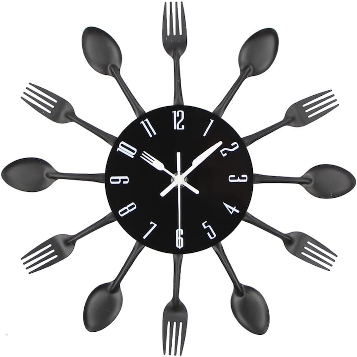 Стенен часовник Flyme, кухня, хол, 31 см, черен, модерен декоративен, подарък за дома, прибори за хранене, вилици, лъжици