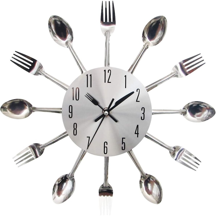 Стенен часовник Flyme, кухня, хол, 31 см, сребрист, модерен декоративен, подарък за дома, прибори за хранене, вилици, лъжици
