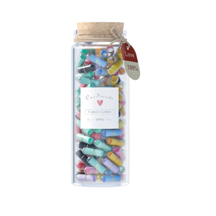 Borcan cu 90 de capsule cu mesaje de iubire Formemory, hartie/sticla, multicolor