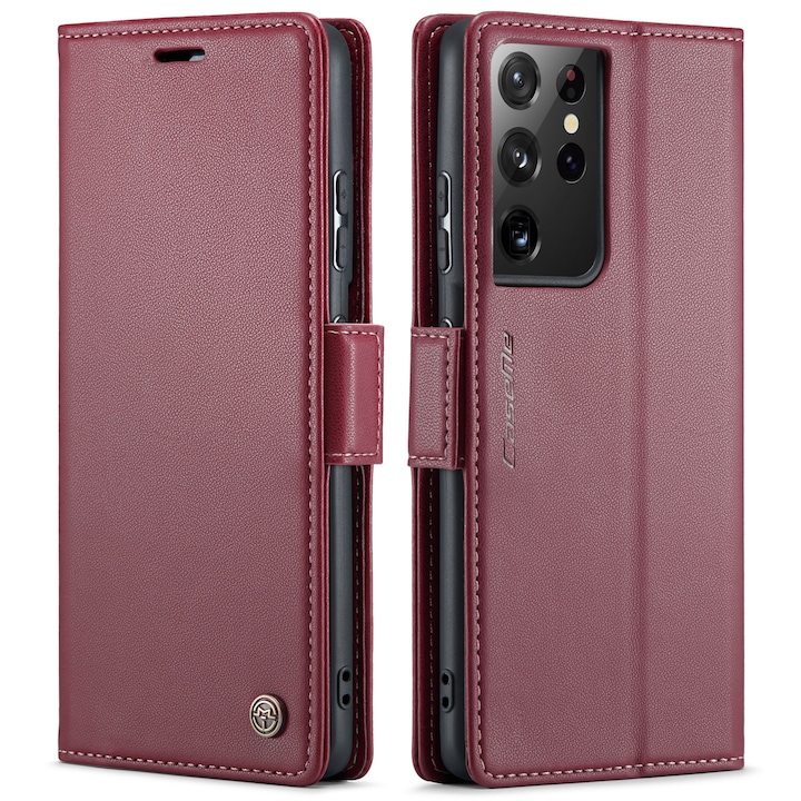 Калъф за Samsung Galaxy S21 Ultra, CaseMe, slim кожен, тип портфейл, стойка, магнитно предпазно закопчване, мека текстура и захващане в ръката, RFID защита, червен