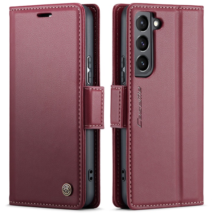 Калъф за Samsung Galaxy S21, CaseMe, slim кожен, тип портфейл, стойка, магнитно предпазно закопчване, мека текстура и захващане в ръката, RFID защита, червен