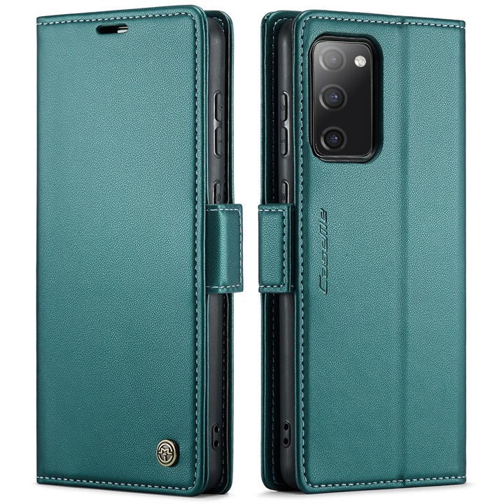 Калъф за Samsung Galaxy S20 FE, CaseMe, slim кожен, тип портфейл, стойка, магнитно предпазно закопчване, мека текстура и захващане в ръката, RFID защита, Зелено