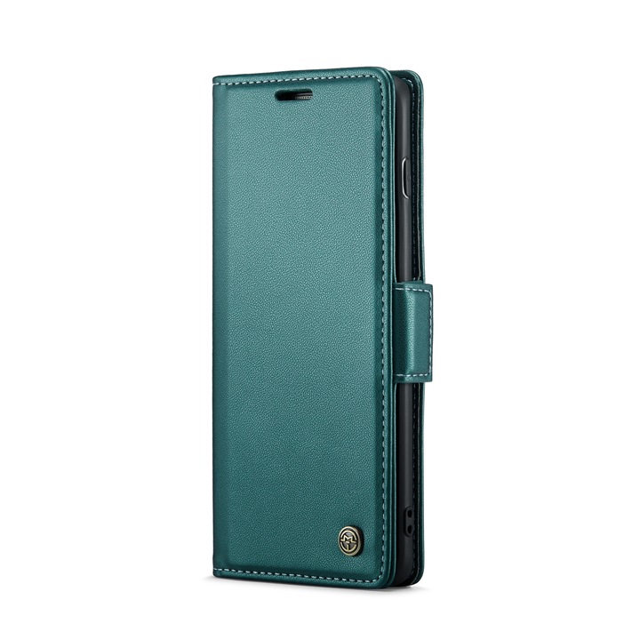 Husa pentru Samsung Galaxy S10 Plus, CaseMe, slim, piele, tip portofel, stand, inchidere sigura magnetica, textura moale si aderenta in mana, protectie RFID, Verde