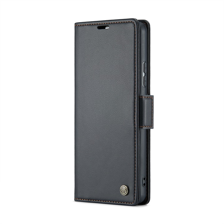 Samsung Galaxy A54, CaseMe tok, vékony, bőr, pénztárca típus, álló, biztonságos mágneses záródás, puha textúra és markolat a kézben, RFID védelem, Fekete