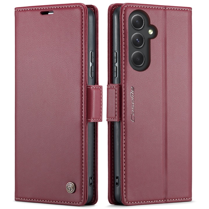 Калъф за Samsung Galaxy A54, CaseMe, slim кожен, тип портфейл, стойка, магнитно предпазно закопчване, мека текстура и захващане в ръката, RFID защита, червен