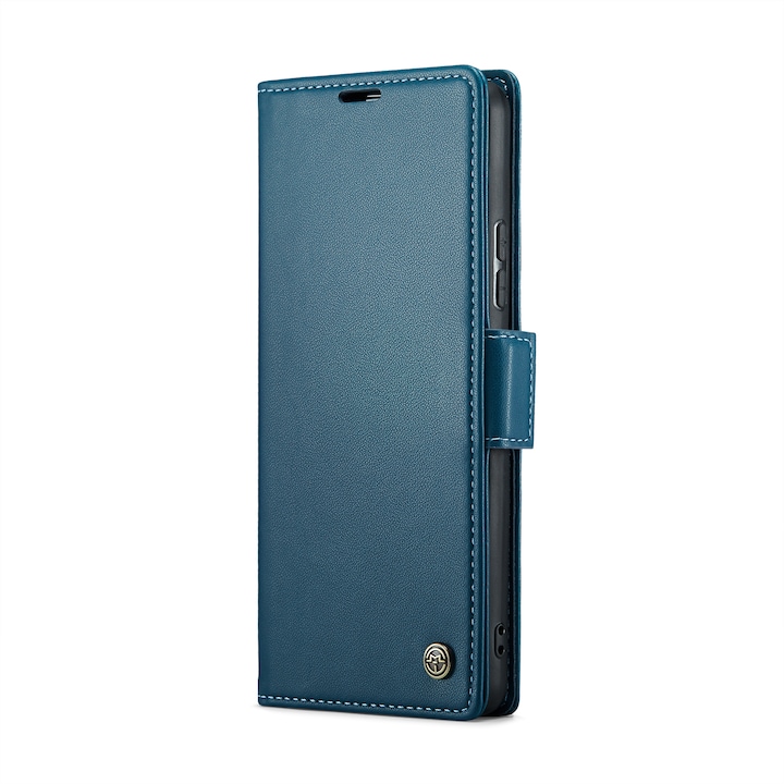Husa pentru Samsung Galaxy A54, CaseMe, slim, piele, tip portofel, stand, inchidere sigura magnetica, textura moale si aderenta in mana, protectie RFID, Albastru