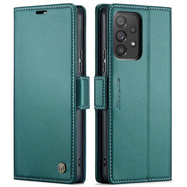 Калъф за Samsung Galaxy A53, CaseMe, slim кожен, тип портфейл, стойка, магнитно предпазно закопчване, мека текстура и захващане в ръката, RFID защита, Зелено