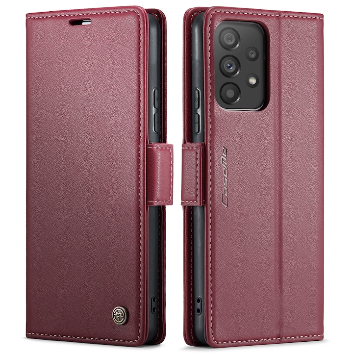 Калъф за Samsung Galaxy A53, CaseMe, slim кожен, тип портфейл, стойка, магнитно предпазно закопчване, мека текстура и захващане в ръката, RFID защита, червен
