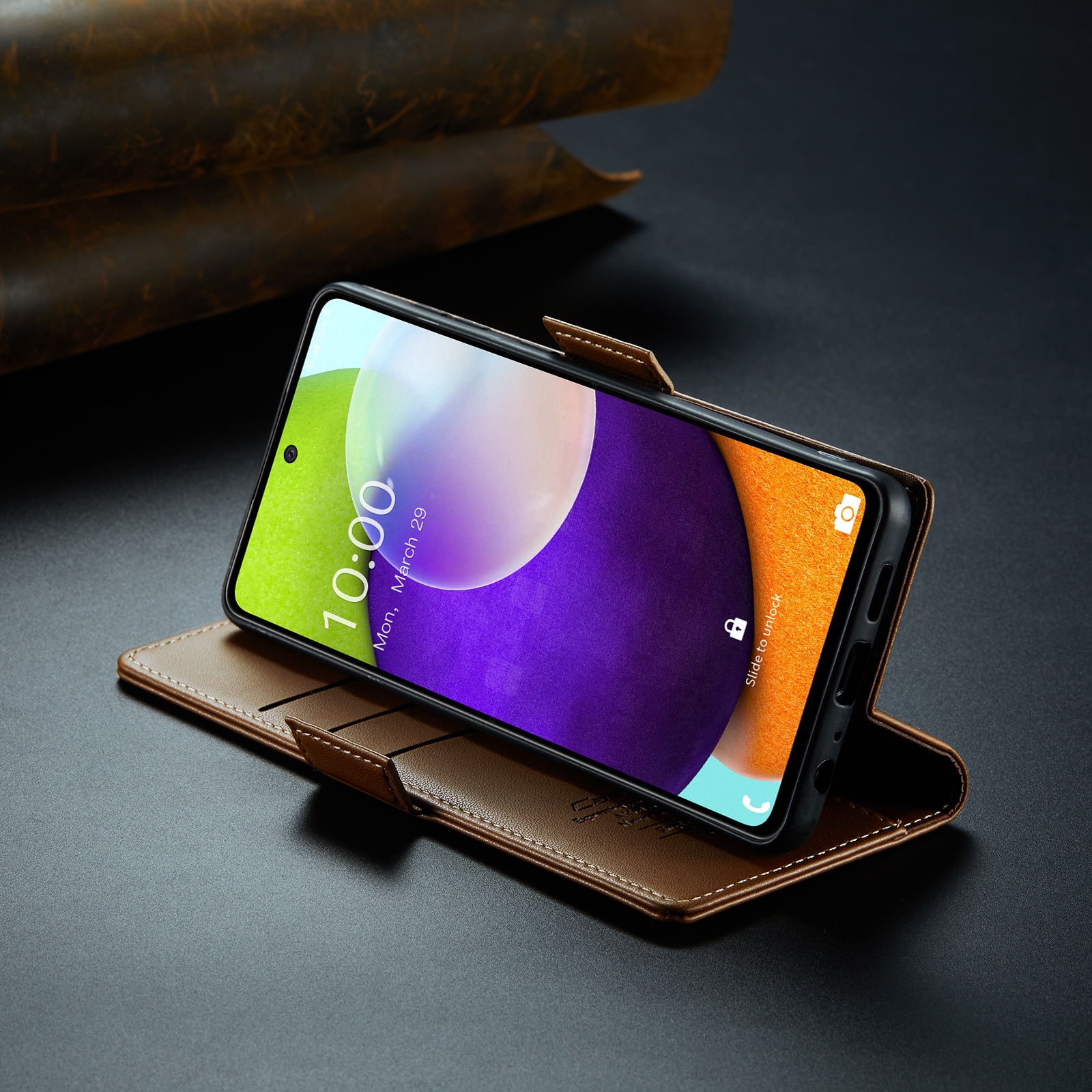 Husa pentru Samsung Galaxy A52 4G, A52 5G, A52s, CaseMe, slim, piele, tip portofel, stand, inchidere sigura magnetica, textura moale si aderenta in mana, protectie RFID, Maro