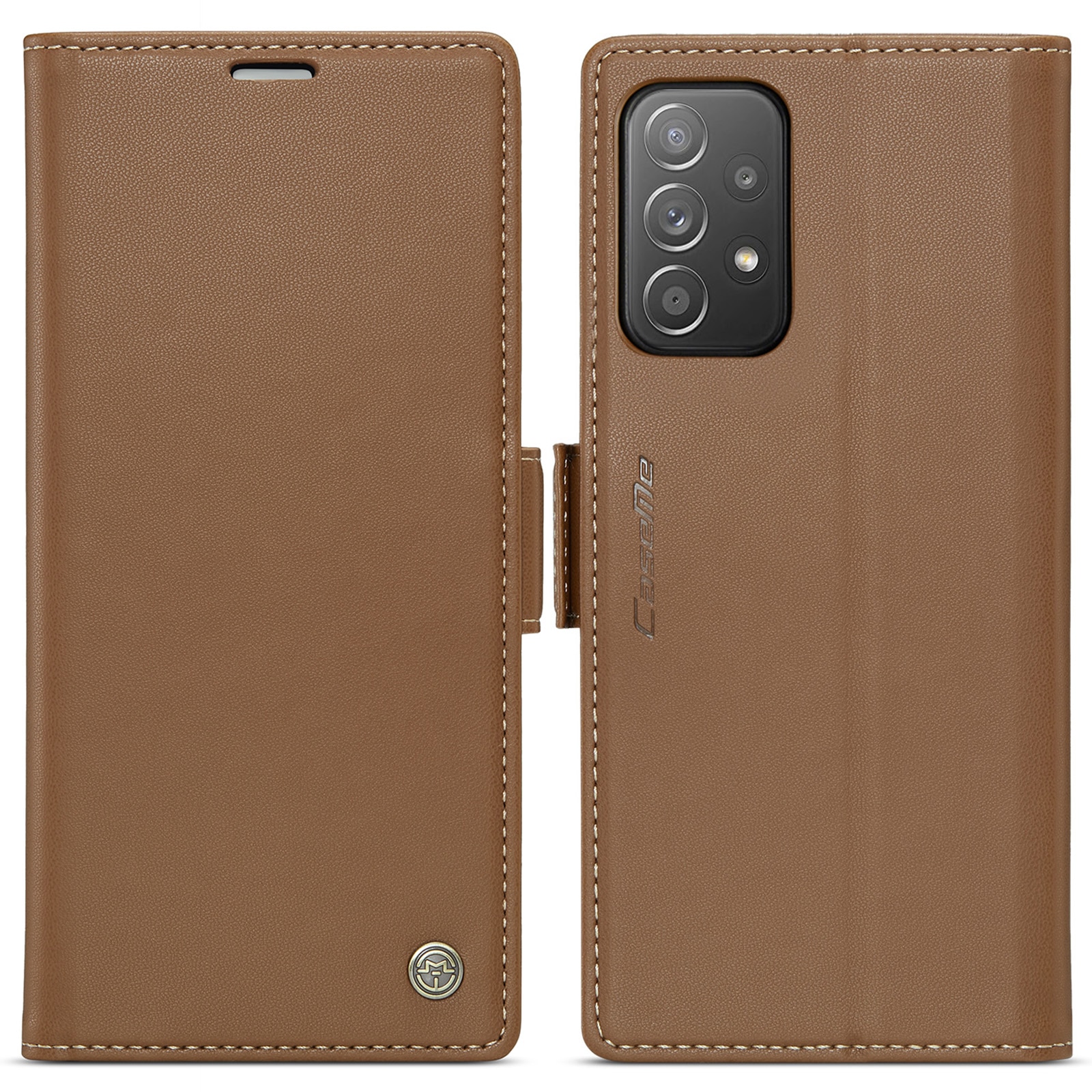 Husa pentru Samsung Galaxy A52 4G, A52 5G, A52s, CaseMe, slim, piele, tip portofel, stand, inchidere sigura magnetica, textura moale si aderenta in mana, protectie RFID, Maro