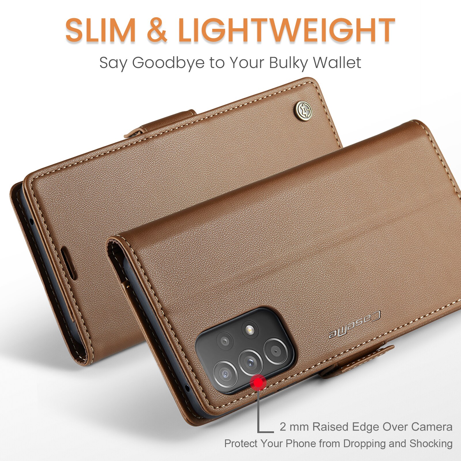 Husa pentru Samsung Galaxy A52 4G, A52 5G, A52s, CaseMe, slim, piele, tip portofel, stand, inchidere sigura magnetica, textura moale si aderenta in mana, protectie RFID, Maro