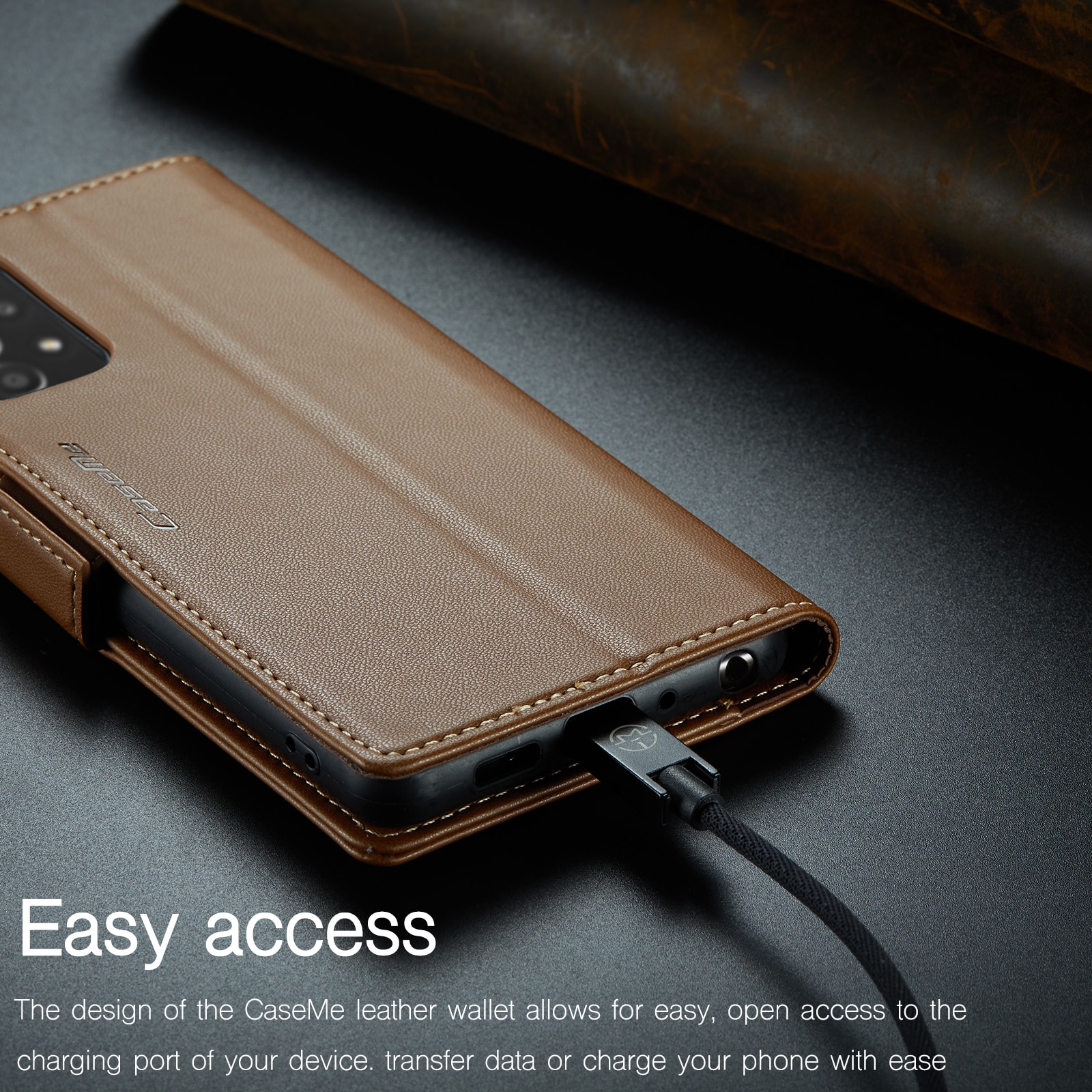 Husa pentru Samsung Galaxy A52 4G, A52 5G, A52s, CaseMe, slim, piele, tip portofel, stand, inchidere sigura magnetica, textura moale si aderenta in mana, protectie RFID, Maro