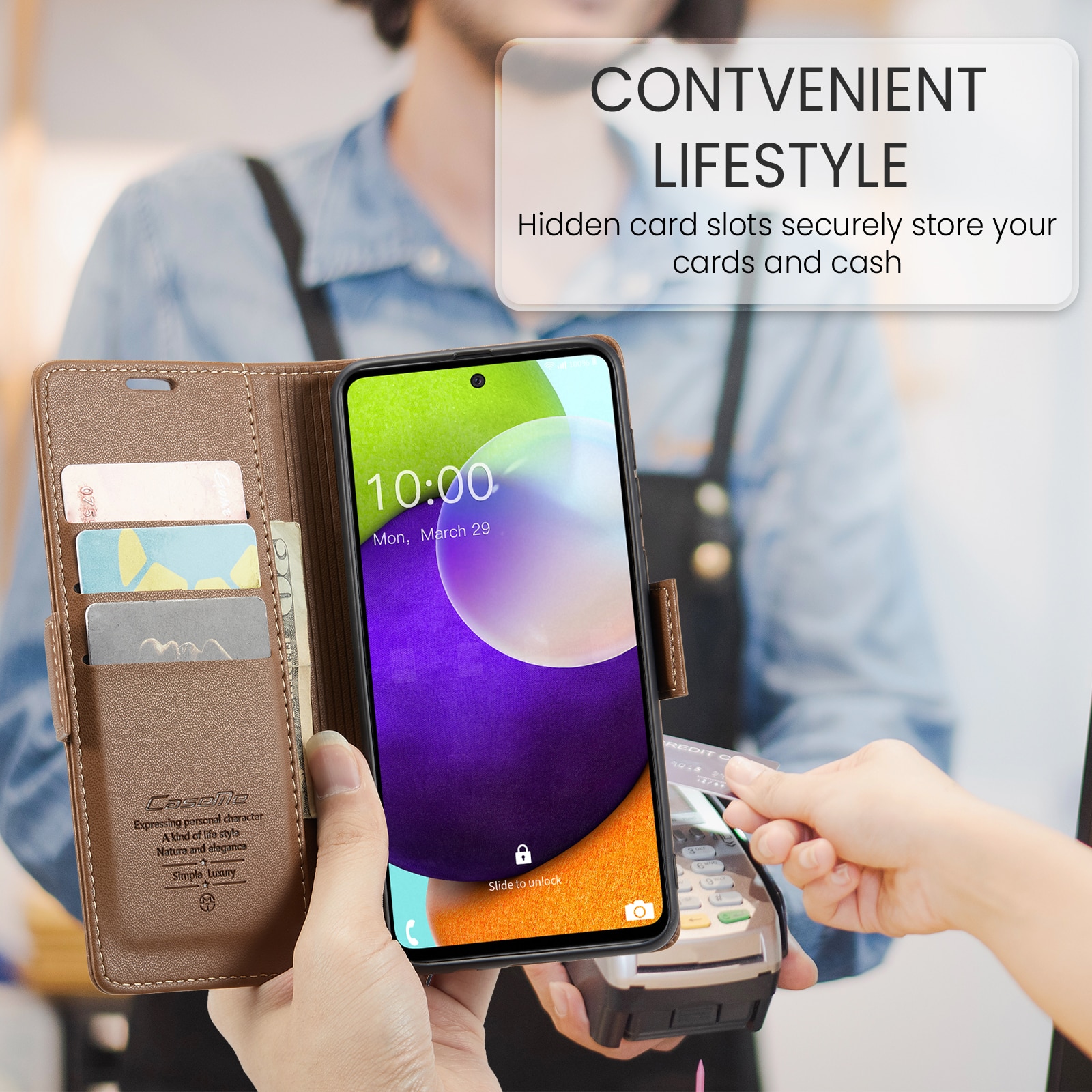 Husa pentru Samsung Galaxy A52 4G, A52 5G, A52s, CaseMe, slim, piele, tip portofel, stand, inchidere sigura magnetica, textura moale si aderenta in mana, protectie RFID, Maro
