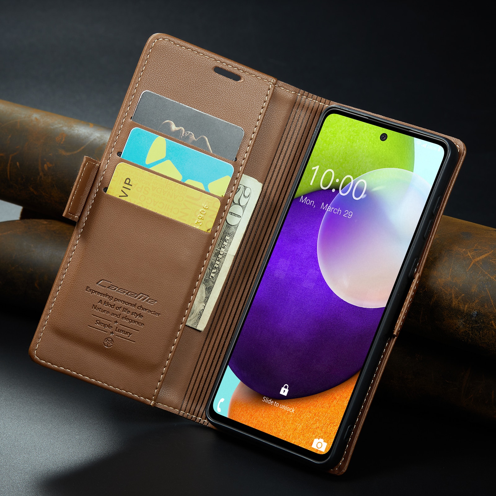 Husa pentru Samsung Galaxy A52 4G, A52 5G, A52s, CaseMe, slim, piele, tip portofel, stand, inchidere sigura magnetica, textura moale si aderenta in mana, protectie RFID, Maro