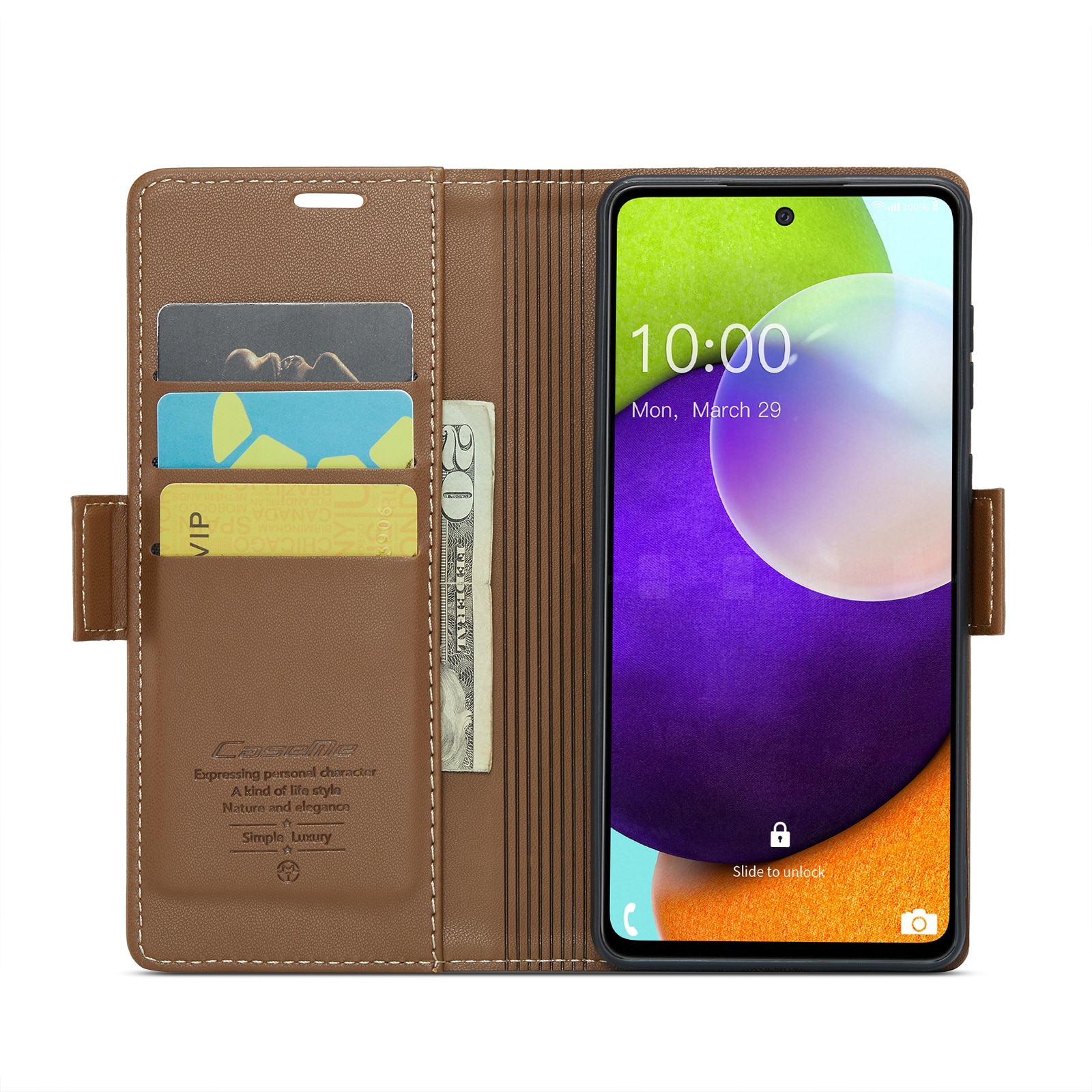 Husa pentru Samsung Galaxy A52 4G, A52 5G, A52s, CaseMe, slim, piele, tip portofel, stand, inchidere sigura magnetica, textura moale si aderenta in mana, protectie RFID, Maro