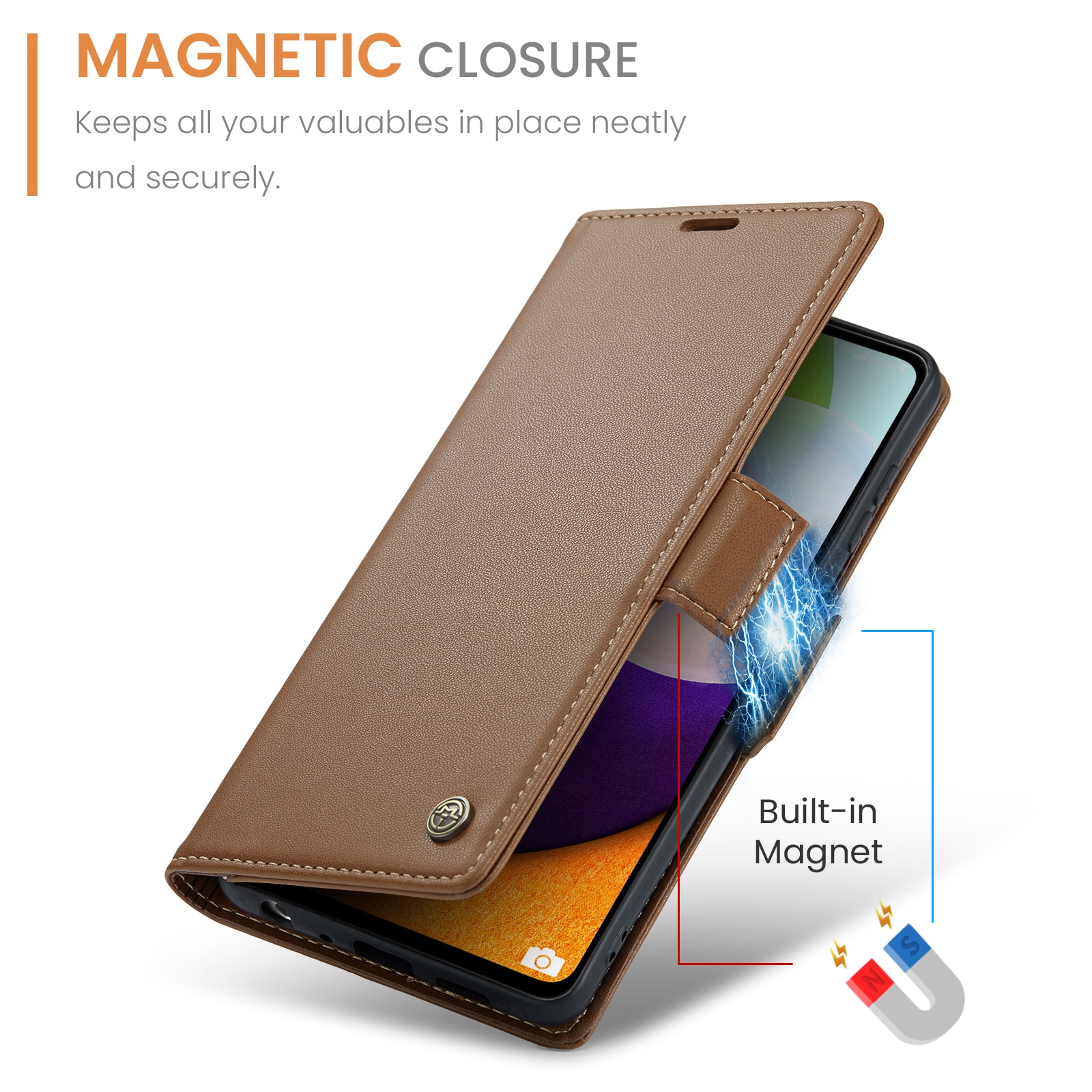 Husa pentru Samsung Galaxy A52 4G, A52 5G, A52s, CaseMe, slim, piele, tip portofel, stand, inchidere sigura magnetica, textura moale si aderenta in mana, protectie RFID, Maro