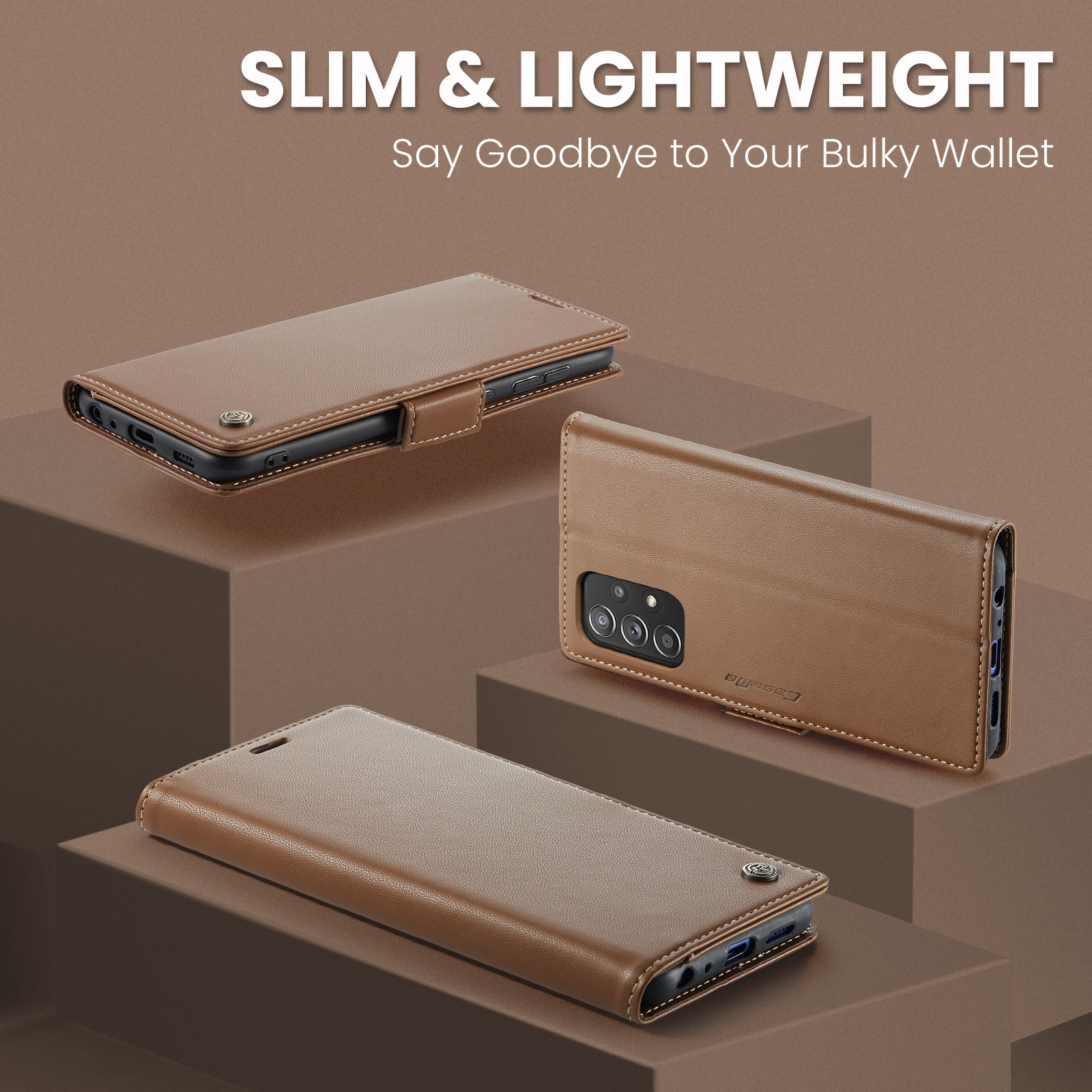 Husa pentru Samsung Galaxy A52 4G, A52 5G, A52s, CaseMe, slim, piele, tip portofel, stand, inchidere sigura magnetica, textura moale si aderenta in mana, protectie RFID, Maro
