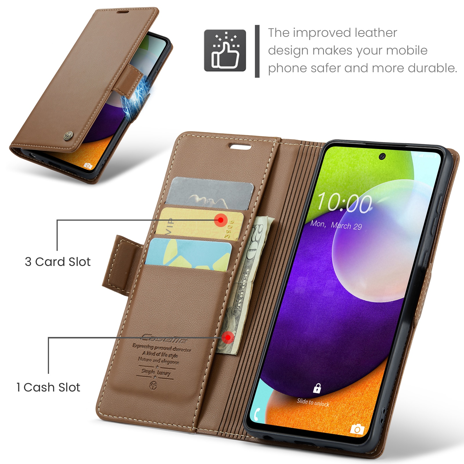 Husa pentru Samsung Galaxy A52 4G, A52 5G, A52s, CaseMe, slim, piele, tip portofel, stand, inchidere sigura magnetica, textura moale si aderenta in mana, protectie RFID, Maro