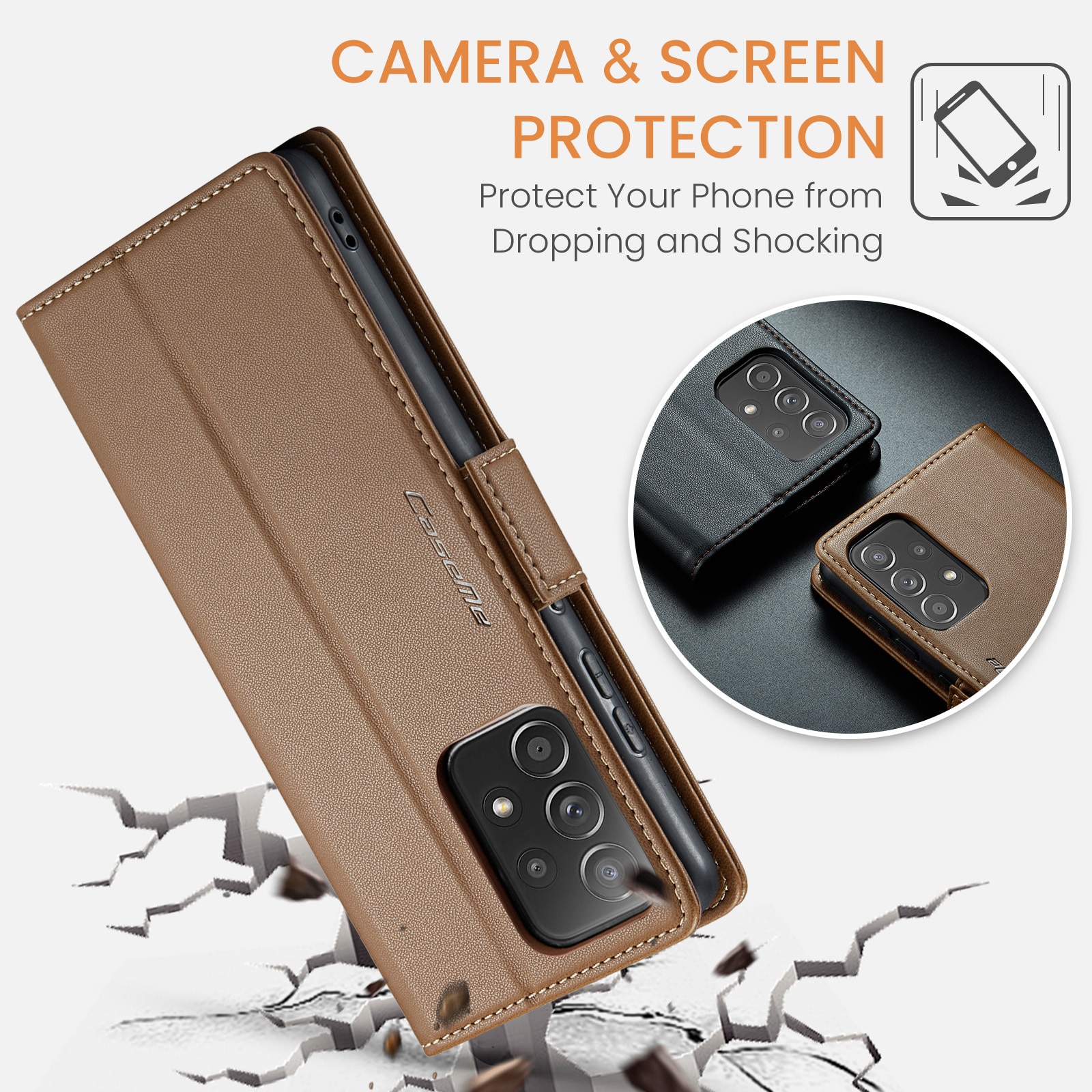Husa pentru Samsung Galaxy A52 4G, A52 5G, A52s, CaseMe, slim, piele, tip portofel, stand, inchidere sigura magnetica, textura moale si aderenta in mana, protectie RFID, Maro