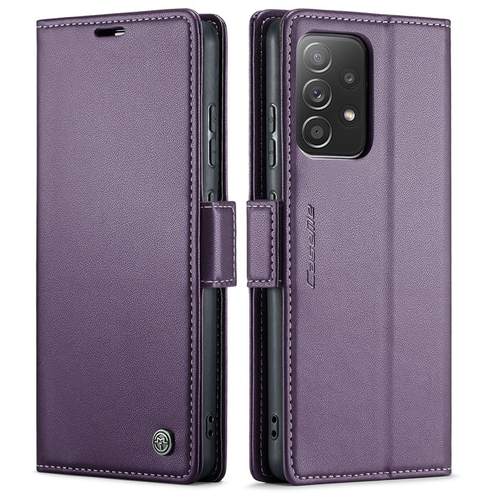 Калъф за Samsung Galaxy A52 4G, A52 5G, A52s, CaseMe, slim кожен, тип портфейл, стойка, магнитно предпазно закопчване, мека текстура и захващане в ръката, RFID защита, лилаво