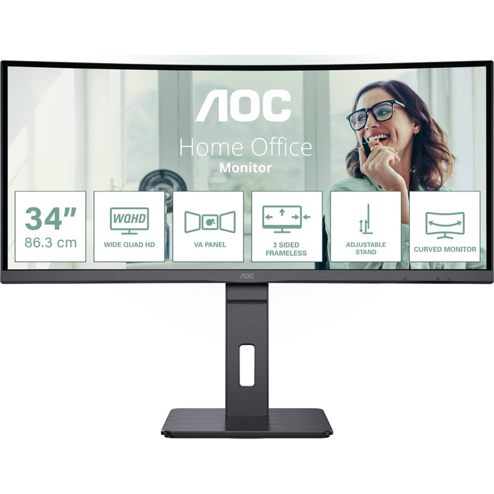 Монитор AOC CU34P3CV, 34", WLED, VA, 3440 x 1440, 1 x HDMI 2.0, Ethernet (RJ-45), 1 x DisplayPort 1.4, 1 x Audio Out, 4 x USB 3.2 Downstream, 1 x USB 3.2 Type-C Upstream, Вградени високоговорители 2 x 5W