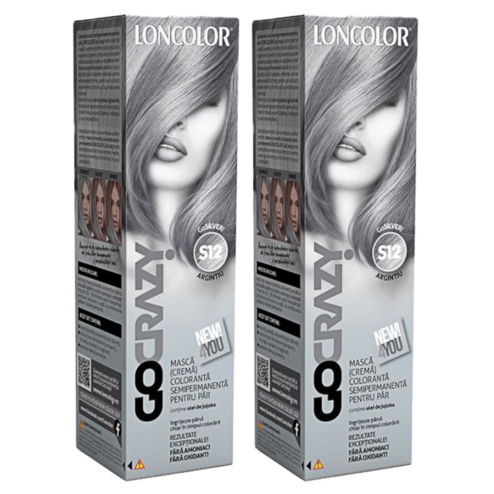 Set 2 x Crema de Par Coloranta Semi-Permanenta fara Amoniac Loncolor GoCrazy S12 GoSilver, 100 ml