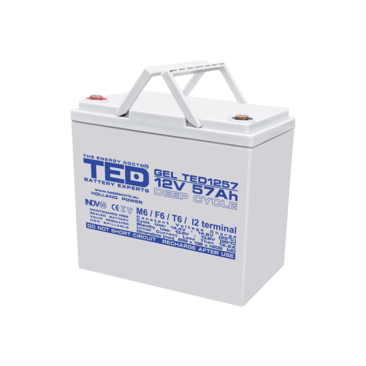 Акумулатор AGM VRLA 12V 57A GEL Deep Cycle 229mm x 138mm xh 208mm M6 TED ELECTRIC