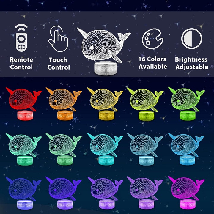 3D LED нощна лампа с кит еднорог, 16 цвята, дистанционно управление с дистанционно, подходяща за детска стая, декорация на дома, за момичета и момчета