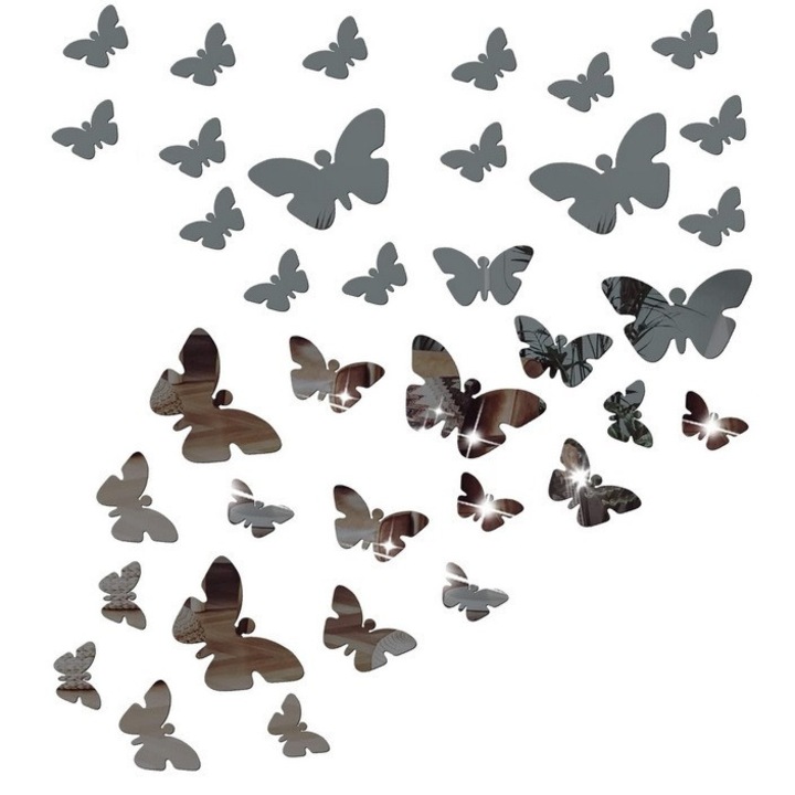 Set 100 Oglinzi Acrilice Decorative Autoadezive DAVIDAMI CONCEPT® model Fluture Argintiu, dimensiune 4cm x 40buc + 3cm x 60buc