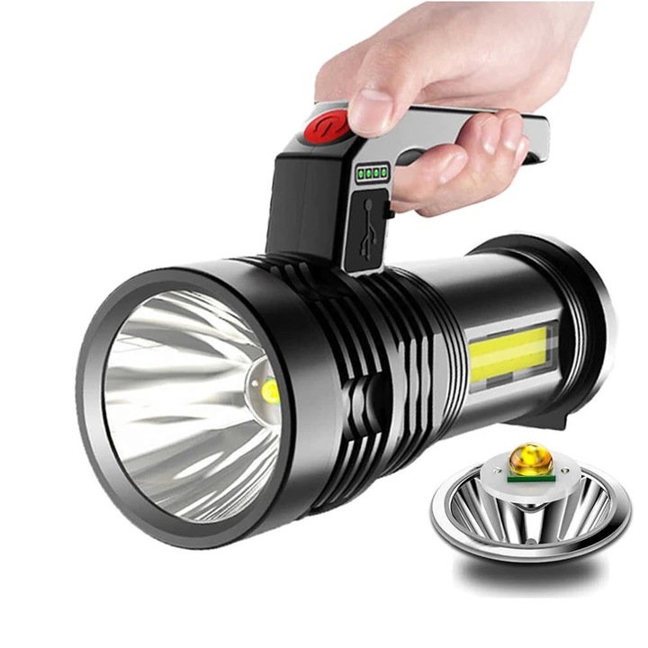 Zseblámpa Digital One SP00857 8205, Kézi, Erőteljes, Újratölthető akkumulátorral, Vízálló, USB töltőkábel