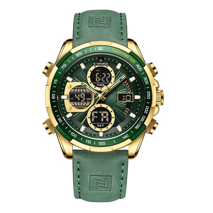 Мъжки часовник Naviforce Fuero, Хронограф, Кожена каишка, Зелен / Златист