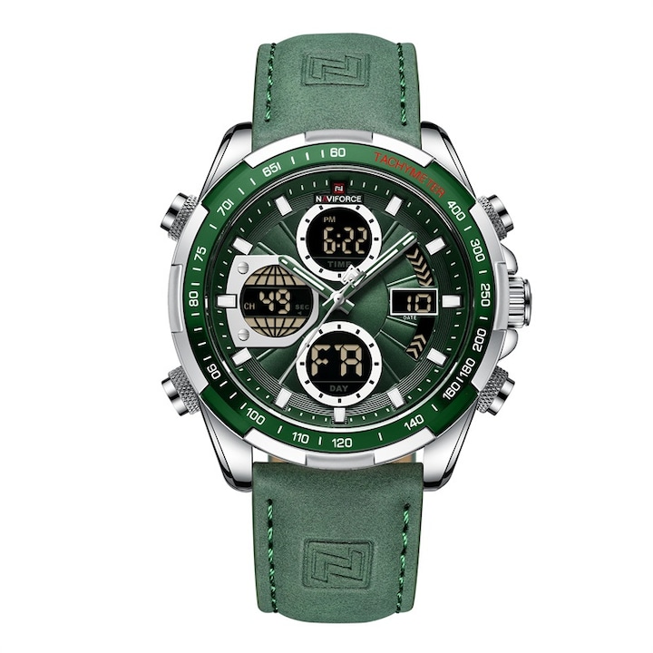 Мъжки часовник Naviforce Fuero, Хронограф, Кожена каишка, Зелен / Сребрист