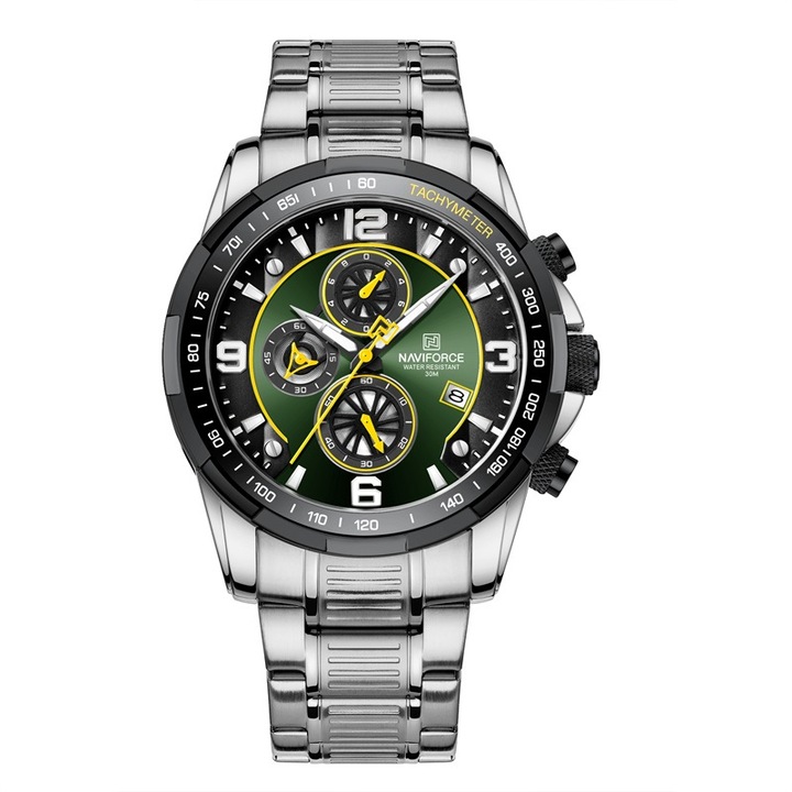 Мъжки часовник Naviforce Whiffler, Хронограф, Неръждаема стомана, Сребрист / Зелен