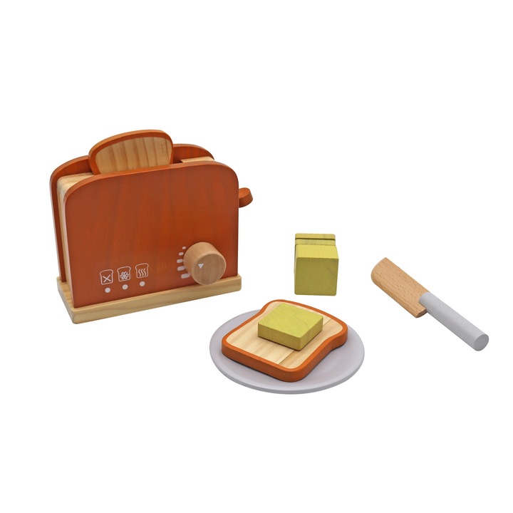 Prajitor de paine pentru copii DacEnergy©, realizat din lemn, design exclusivist, 5 accesorii, 16,5 x11,5 x9 cm, portocaliu
